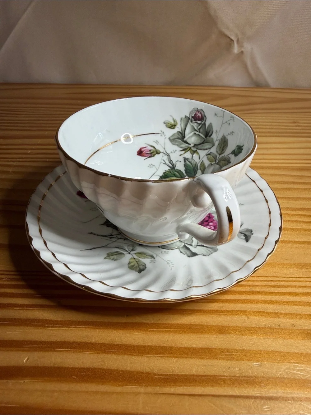 Vintage Stanley Fine Bone China Teacup and Saucer Set - Pink & White Rose 1950s